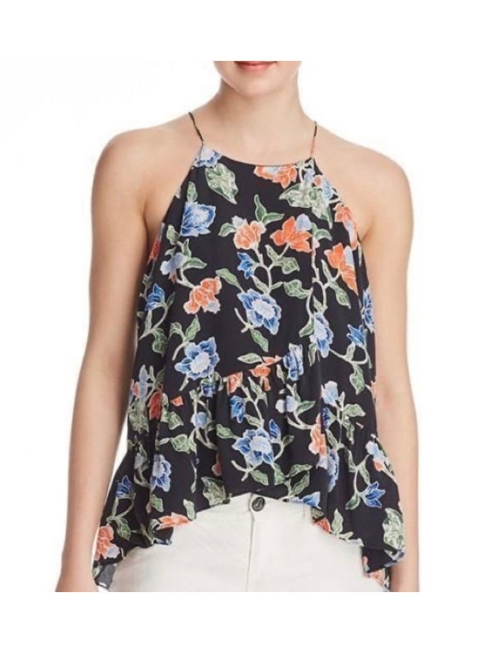 Joie Black Derwin Floral Silk Blouse Top Ruffled Hem Size Medium